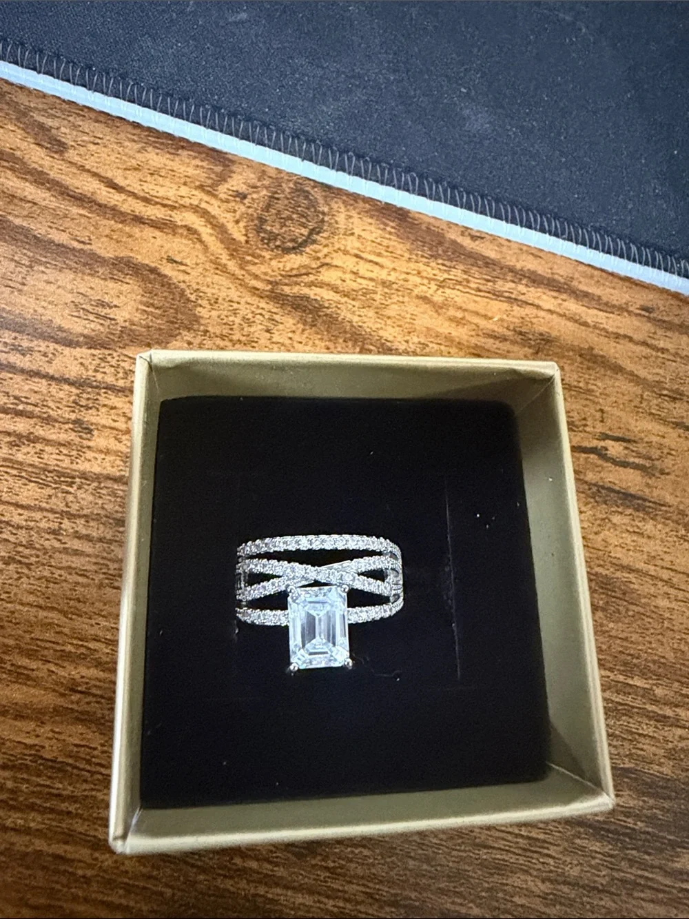 Emerald Cut Moissanite Double Band Ring - Silver Tone